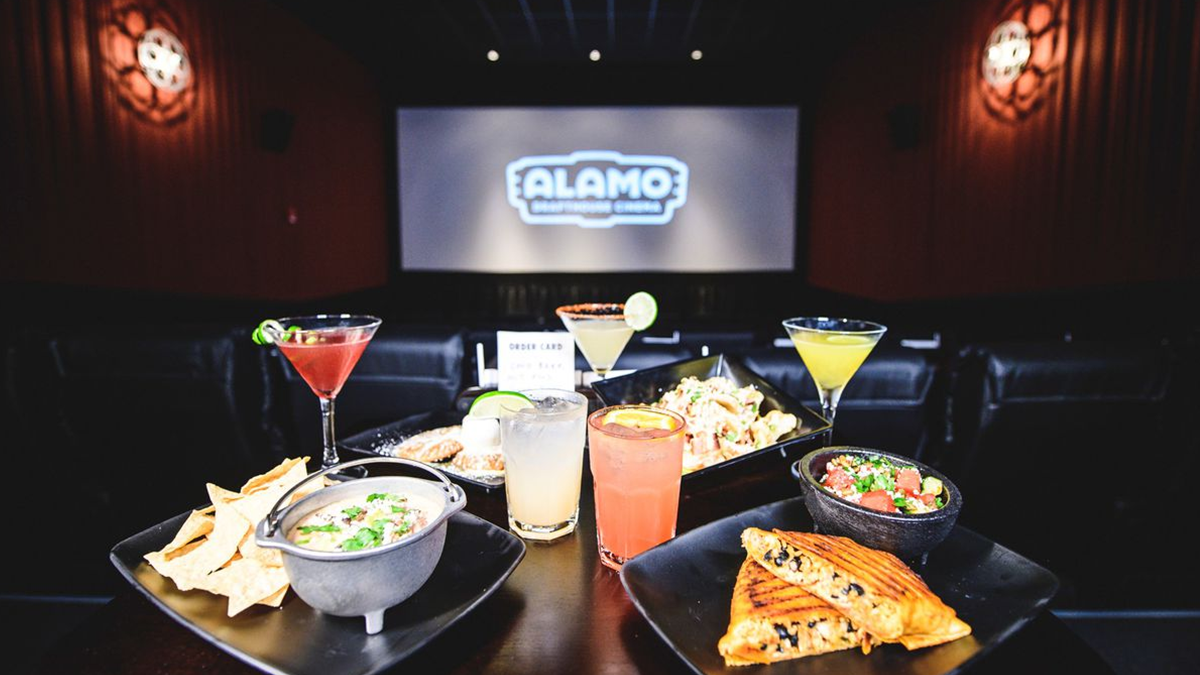 Various food and drink items available at Alamo Drafthouse, inside a theater.