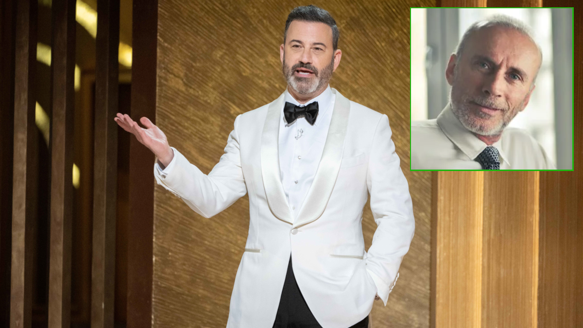 Jimmy Kimmel hosting at the Oscars, with a Dad smiling in anticipation.