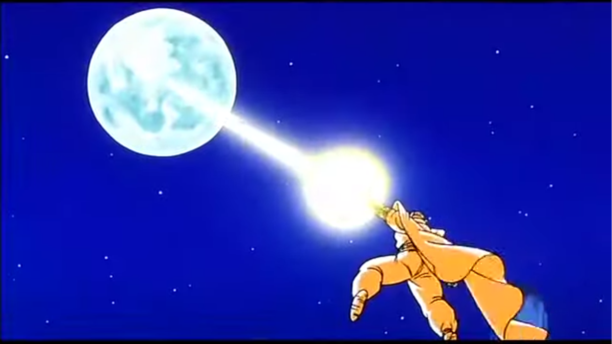 Dragonball Z's Piccolo blasting the moon with an energy beam.